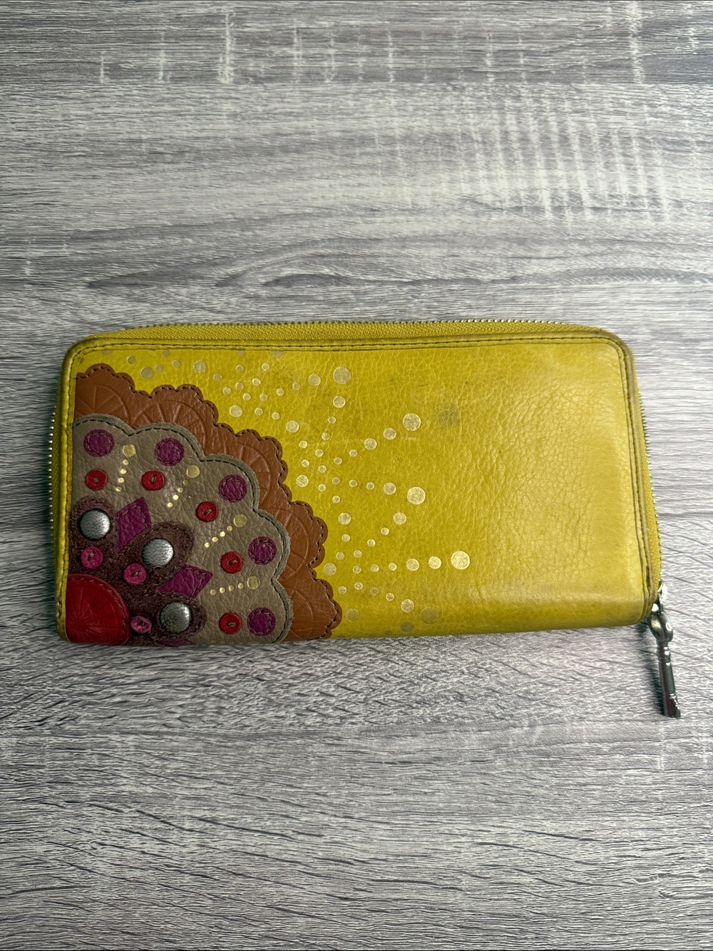 Yellow Leather Zip Wallet with Floral Accent